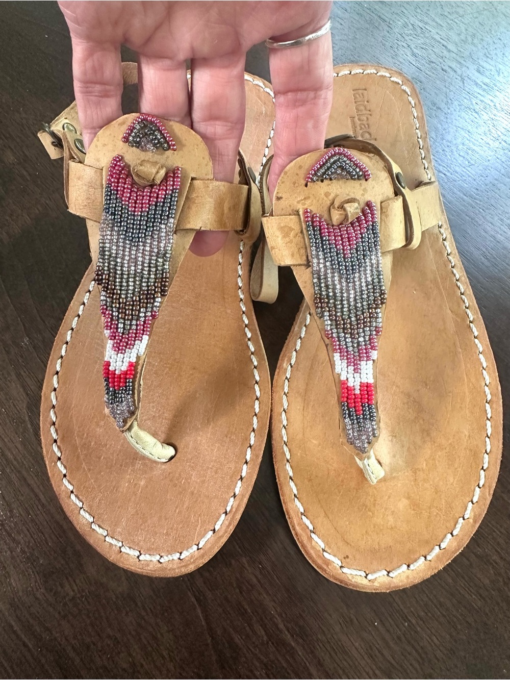 Free People Laidback London Beaded Tan Leather T Strap Sandals Kenya 38 7 NWT
